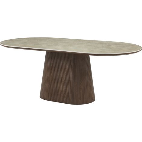Table à manger ovale en pierre et bois "Portofino" - 8 places - Travertin et marron (1/4)