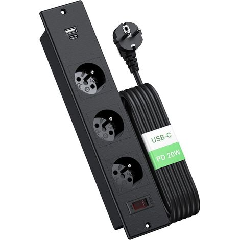 Prise Encastrable Plan de Travail, Multiprise Encastrable avec 3 Prises, PD 20W USB A+C, Prise Electrique Encastrable avec Interrupteur de Surcharge, 16A/4000W, 2M Câble, Noir (1/5)