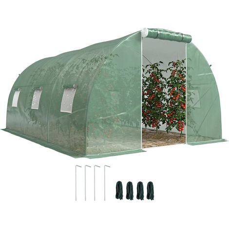 Serre tunnel 4,5 x 3 x 2 m avec parois latérales enroulables, 6 fenêtres grillagées et porte enroulable (verte) (1/5)