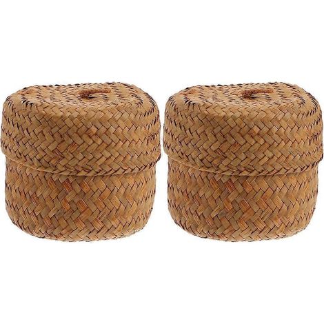 Lot de 2 paniers de rangement en jonc de mer avec couvercle, style rustique, tressés, style boîte cadeau.-10X11CM (1/3)