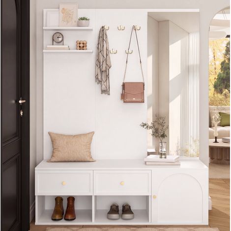 Conjunto de perchero, 120x35x159 cm, blanco, espejo, 5 ganchos, 2 cajones y 1 puerta (1/5)