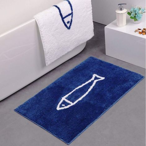 Non-Slip Bath Mat - Blue and White - Fish Pattern - Bath Mat - Shower Mat - Quick Drying - Kitchen Mat - 50 x 80 cm - Blue (1/4)