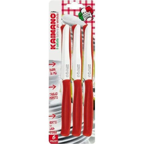 Coltelli da tavola kaimano 6pz lama liscia+dentata punta tonda plastica marrone colore: rosso
