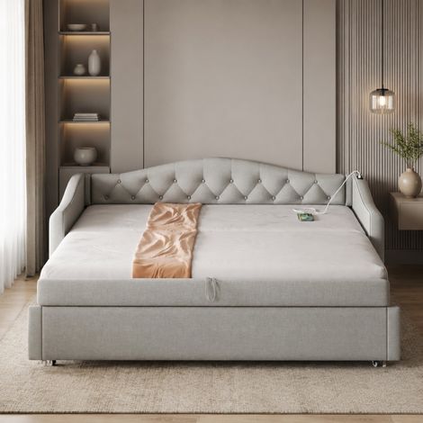 CHICFURN Sofá cama 90x200 cm gris de lino con USB, somier de láminas, sin colchón (1/5)