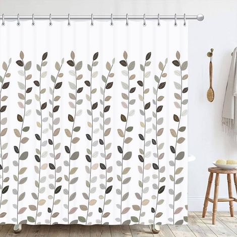 Rideau Douche Floral Feuilles, Blanc Minimaliste Moderne Imperméable Anti Moisissure Polyester Shower Curtain, Plantes Rideau de Bain Baignoire avec 12 Crochets pour Salle de Bains, 180 x180cm (1/5)