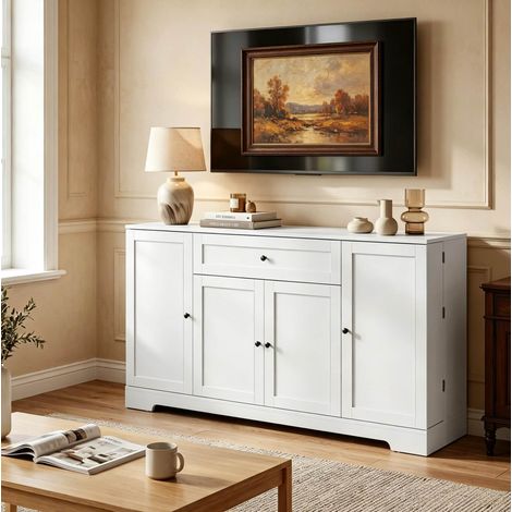 Buffet 140 cm MDF blanc avec tiroir et étagères HAVRYA (1/5)