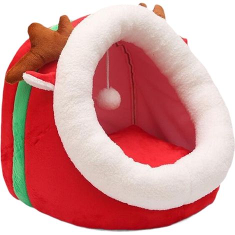 Lit Pour Animal De Compagnie - Lit Semi-Clos En Forme De Renne - Rouge - 42x42x34 Cm - Pour Chats Et Petits Chiens - Lavable (1/5)