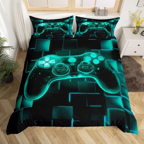 Housse de Couette Enfant 140x200 Gamer Sarcelle, Parure de Lit Ado Garcon Gaming Deco Gamer, Sets de Housses de Couettes Jeux Vidéo, Couvre Lit Carrée Géométrique Lumineuse Au Néon - 140x200cm + 1 Tai (1/5)