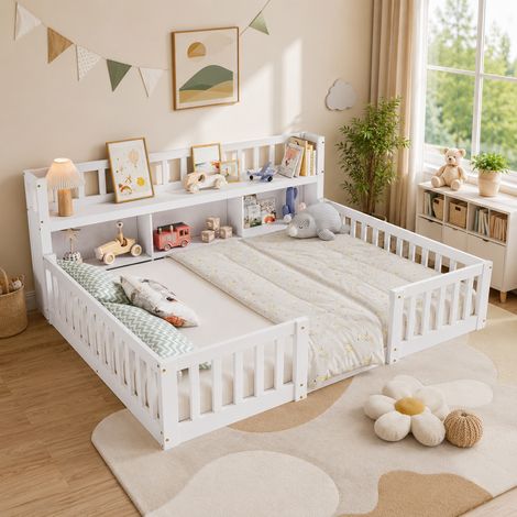 Lit enfants sur pied 140×200 cm, barrières de sécurité et entrée, lit double, bibliothèque intégrée, espace de rangement, cadre de lit 140×200, style moderne, sommier à lattes, lit ados, Bois, Blanc (1/5)