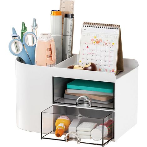 Organizer da scrivania in plastica bianca da 2 pezzi con 4 scomparti, 2 cassetti scorrevoli, organizer per ufficio, portapenne per cancelleria, per ufficio, casa, scuola (1/5)
