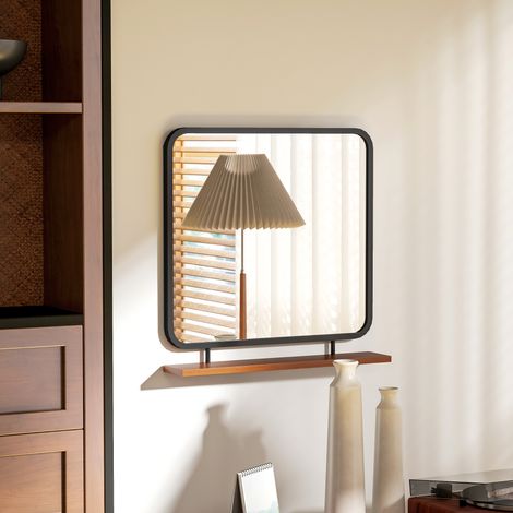Miroir mural avec étagère, style vintage, cadre en métal, bois de paulownia, 55 x 55,5 cm, noir/bois