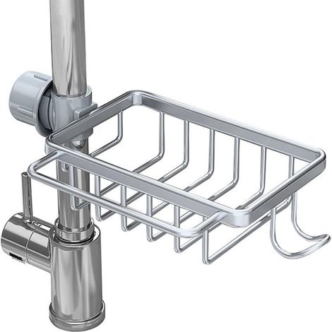 Cuisine Porte-éponge, Robinet Support de Rangement, Support de Robinet, Support pour Robinet d'Évier-Suspendu Organisateur, pour Évier de Cuisine et Salle de Bain (Argent) (1/5)