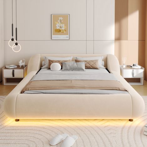 Lit Double Rembourré 140x200 cm avec LED, Effet Flottant, Tête de Lit Enveloppante et Arrondie, Sommier à Lattes, sans Matelas, Velours - Beige (1/5)