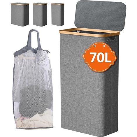 Panier à Linge avec Couvercle 70L, Corbeille a Linge Pliable, Panier a Linge Extra Plat avec Poignée et Sac Intérieur Amovible, Bac a Linge, Gris (1/5)