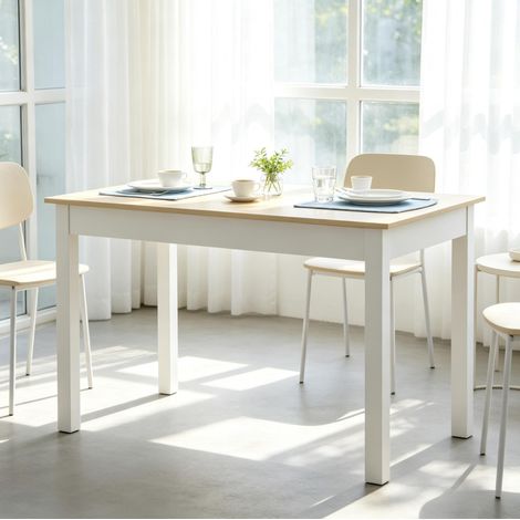 Tavolo da pranzo rettangolare 119 x 70 cm in pannello truciolare bianco e legno chiaro, per 4-6 persone, con piedini antiscivolo per cucina e sala da pranzo - FLORAGRACE (1/5)
