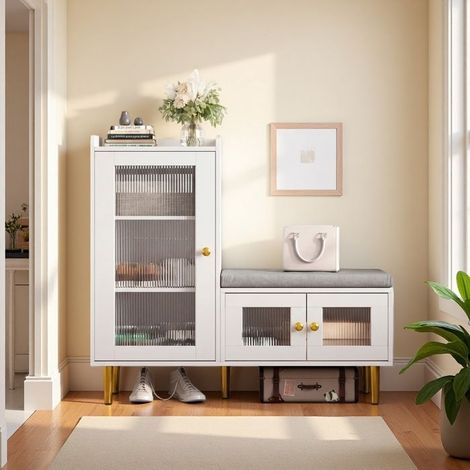 Mueble para zapatos con banco para zapatos, Armario para zapatos, Mueble de almacenamiento de entrada de 3 puertas con 4 estantes, Zapatero (1/5)