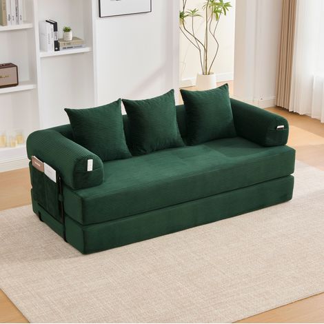 Divano modulare 200x94x67 cm con tasca laterale, 3 cuscini, struttura in metallo, velluto a coste smeraldo - verde (1/5)