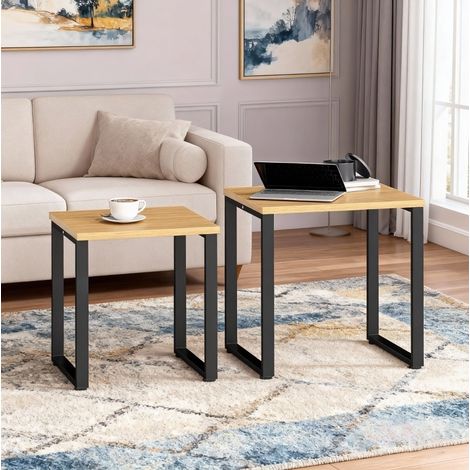 Set de 2 mesas de centro 60x50x60 cm y 50x50x54 cm color madera natural en madera y metal apilables (1/5)