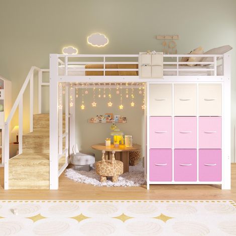 Lit mezzanine, 140×200 cm, métal, avec tiroirs, penderie, rambarde, escalier avec rangement, sans matelas, blanc