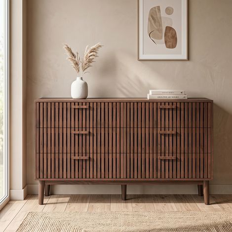 Commode 6 tiroirs, meuble de rangement, buffet bas, pieds bois massif, style scandinave, 100x34x73 cm, convient salon, chambre, entrée, Marron