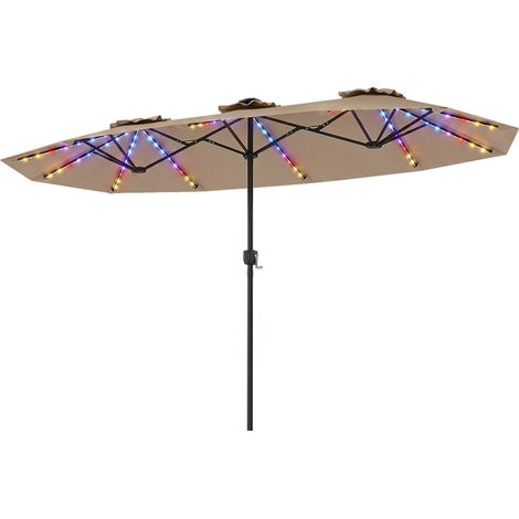 Parasol de Jardin Double 400 x 210 cm, Grand Parasol Rectangulaire avec LED, Manivelle Pratique, Mât Métal Ventilé, Structure à 12 Baleines, Marron (1/5)