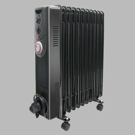 Oil Filled Radiator 2500W 11 Fin Portable Electric Heater with Timer Gloss Black