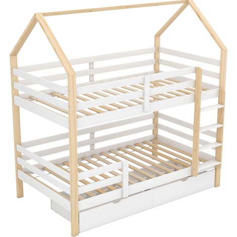 Kinder-Etagenbett im Hausdesign 90 x 200 cm, Kiefer weiß und Holz, mit Schubladen (1/5)