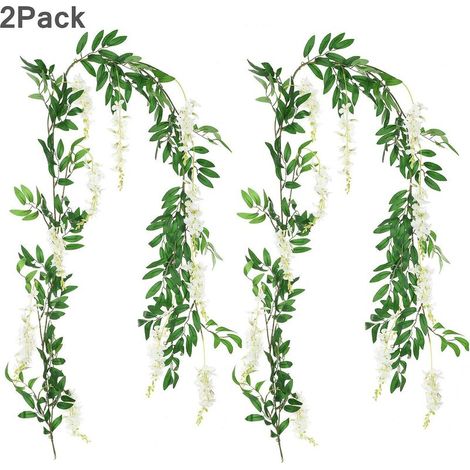2pcs 1.8m/piece Artificial Flowers Wisteria Garland Artificial Wisteria Vine Hanging Flower Greenery Garland for Home Garden Outdoor Wedding Floral Arch Decor (White) (1/5)