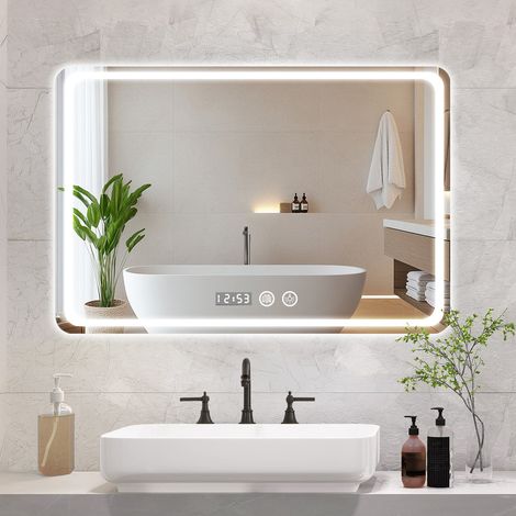 Beleuchteter Badezimmerspiegel – 100 x 80 cm, Antibeschlag, Memory-Funktion – LED-Beleuchtung vorne und hinten – helles weißes Licht – Spiegel mit Zeitanzeige – 5 mm gehärtetes Glas – FLASIDU (1/5)