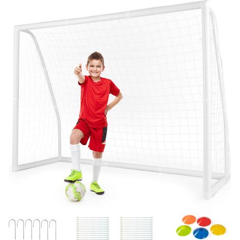 Portería de fútbol para exterior de 245 x 182 cm estructura de PVC resistente a la intemperie con red robusta estilo deportivo color blanco 200010954