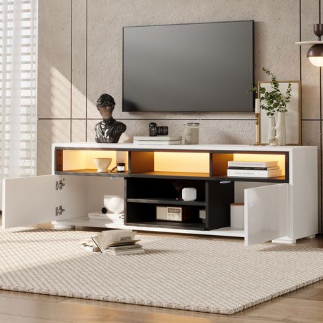 Mueble TV brillante con LED 150 x 35 x 50 cm blanco y negro (1/5)