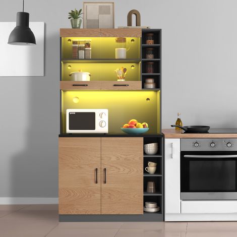 Credenza da cucina in legno, illuminazione a LED, fori per cavi, ripiani regolabili, grande capacità, 100 x 47 x 187 cm, marrone e grigio scuro