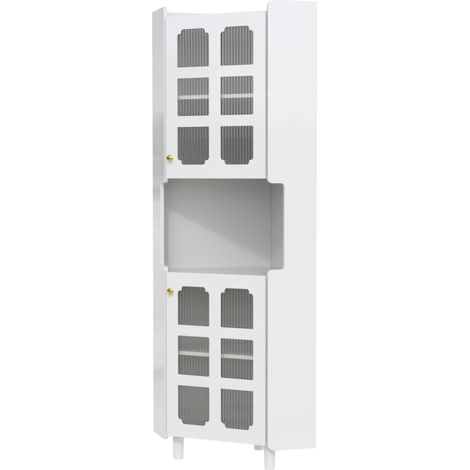 Eckschrank mit 2 Turen, 1 Offenem Fach und LED, aus Lackiertem MDF, fur Wohnzimmer, 63.5×157.5 cm, Weiss (1/5)