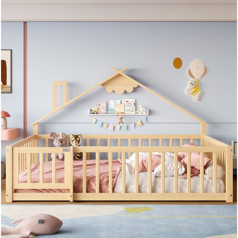 Lit enfant 140 x 190 cm avec barrière et serrure, en pin et MDF, naturel DESVIAE (1/5)