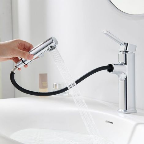 Badarmatur mit ausziehbarer Brause, Waschtischarmatur mit 2 Strahlarten, Edelstahl-Handwaschtischarmatur, verchromte Waschtischarmatur, regulierbares Warm- und Kaltwasser (verchromt) (1/4)