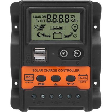 Ortviai Régulateur de charge solaire PWM 80 A pour systèmes 12 V / 24 V avec affichage LCD et 2 ports USB