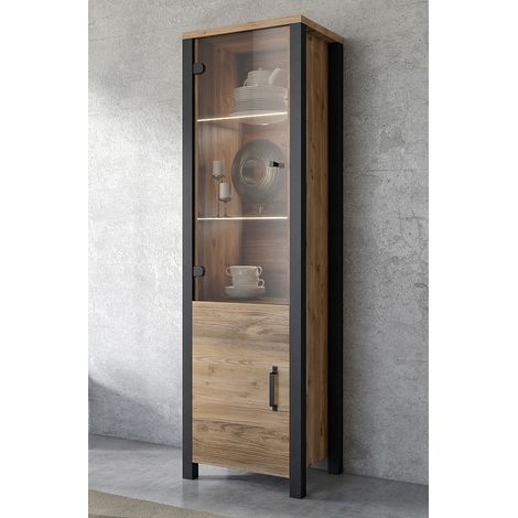 Wohn-/Esszimmer Vitrine mit LED Beleuchtung ORADEA-83 in Appenzeller Fichte Nb. mit schwarz supermatt, B/H/T ca. 56/191/43 cm (1/5)