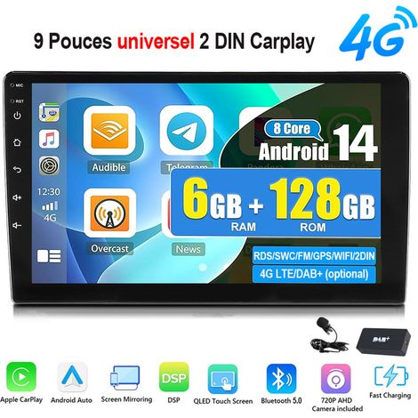 Autoradio 2 DIN 8 Croe 9/10,1 pouces, Android 14, 6+128 Go, CarPlay, GPS, RDS et commandes au volant - 9'' 6GB+128GB MIC DAB+ (1/5)