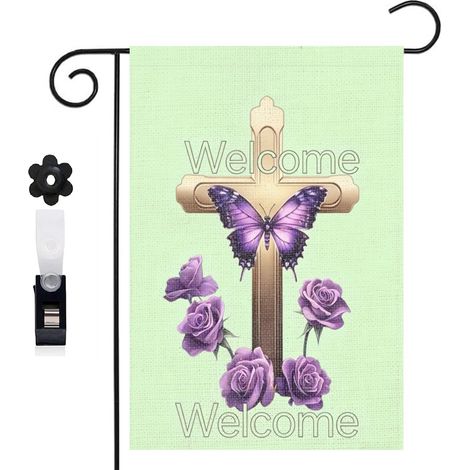 Drapeau vertical composition de croix et papillon violet 30 x 45 cm décoration saisonnière extérieure (1/5)