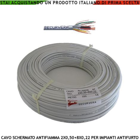 Cavo Flessibile Antifurto Schermato 2X0,50+8X0,22 mm² Guaina PVC Bianco Prot. Alluminio/Poliestere Drenaggio Conduttore Fili 7 Ø 0,19 mm Twistato Per Impianti di Allarme Antifurto Norma CEI 20/22-III (1/2)