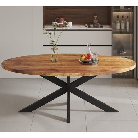 M&S – Table à manger ovale 200x100x76 cm en bois massif de manguier et métal noir – Design industriel chic – Livrée prête à monter