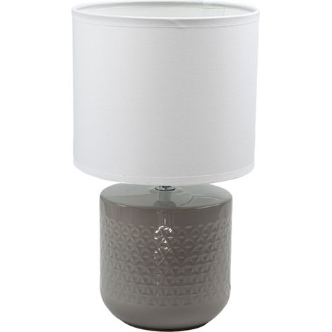 Lampe à poser pied en ceramique taupe abat jour tissu blanc deco ananas (1/3)