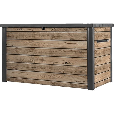 Keter – Coffre de jardin 870L – Aspect bois Douglas – Résistant aux intempéries et UV – Ouverture à piston – Poignées intégrées pour transport facile