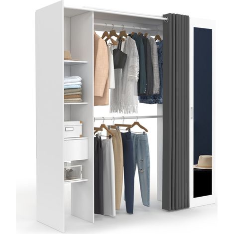 Ausziehbares Ankleidezimmer MERYL 145/170 x 50 x 180 cm weiß mit Regalen + doppelter Garderobe + Spiegel + grauer Vorhang