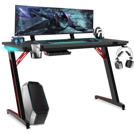 Bureau de jeu 120 x 60 cm avec éclairage LED RVB, porte-gobelet, support pour casque et passe-câbles, bureau, table d'ordinateur, table de travail stable, 150 kg, noir (1/5)