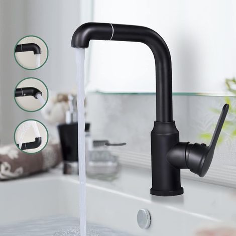 Grifo de lavabo negro Grifo de baño giratorio de 360 °, Grifo de lavabo de baño alto, Grifo de lavabo con caño alto de 22,5 cm, Grifo mezclador monomando (1/5)