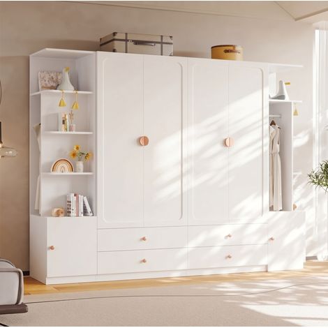 MODFU – Armario de 6 puertas 270x45x200 cm de madera blanca con 4 barras, 4 cajones y almacenamiento modular – Blanco (1/5)
