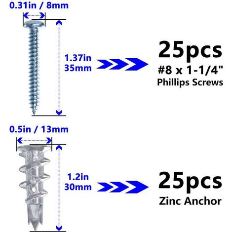 Ancre À PercER Auto-Perçante Pour Plâtre - En Zinc - Compatible Plaques de Plâtre 3/8" 1/2" 5/8" - Avec Vis 8 x 1-1/4" - Lot de 50 Pièces