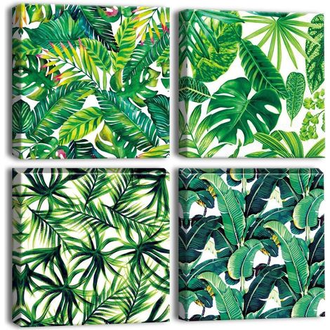 Lot de 4 tableaux sur toile motif feuilles tropicales vertes 30x30cm (1/5)