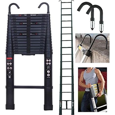 Ladder Step Ladder Loft Ladder Max Load 150KG Heavy Duty Telescopic Ladder with Roof Hook Black Portable Folding Design Extension Ladder for Indoor Outdoor Light Weight Ladder (12.5FT)
